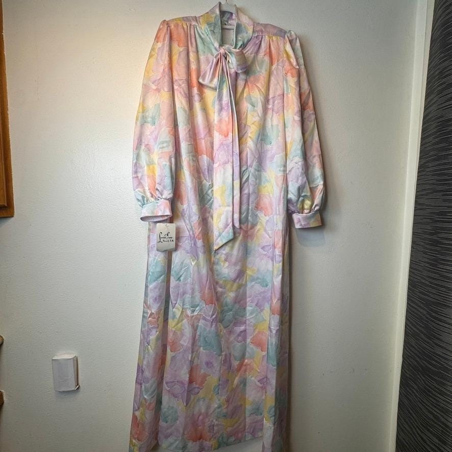 Lucie Ann Beverly Hills Vintage Pastel Floral Bow Robe Gown Large NWT USA