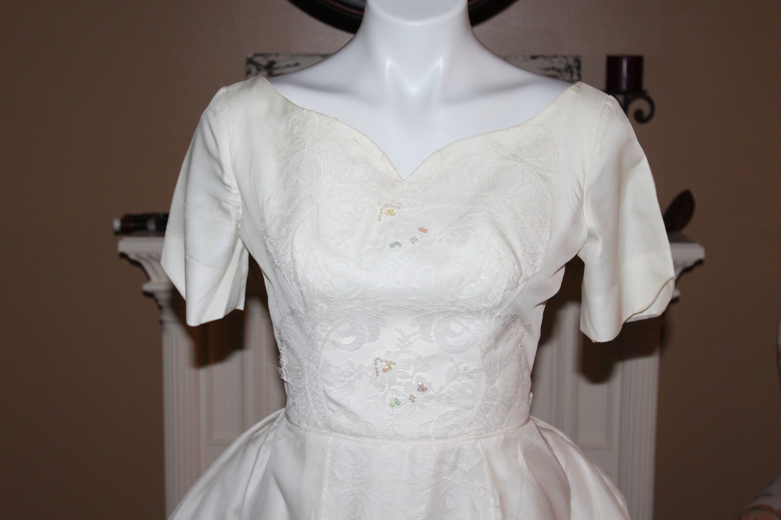 Vintage Short Sleeve Wedding Gown with Unique Bustle-Handmade