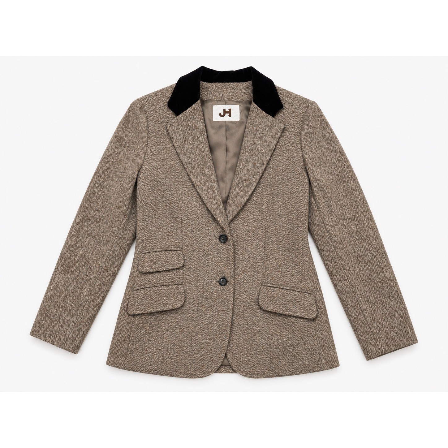 JH Collectibles Vintage Wool Blend Herringbone Blazer Velvet Collar Tan Brown