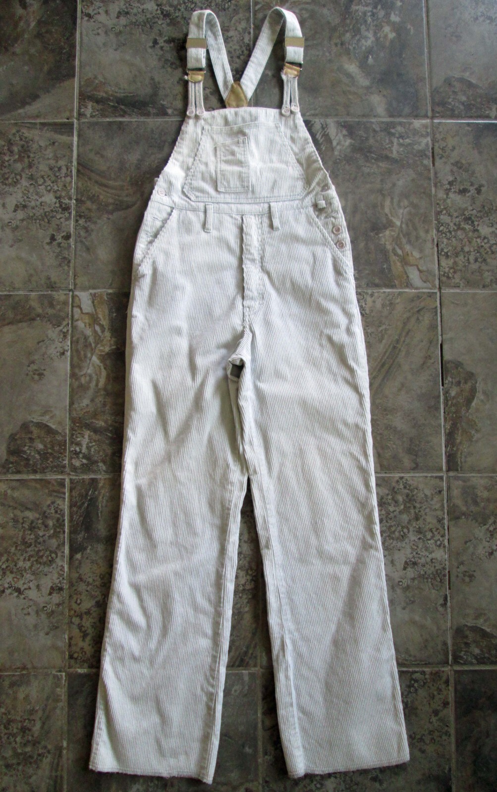 Vintage Stephanie J. Corduroy Overalls Jumpsuit 9 26×29 Gray White 70s Hippy