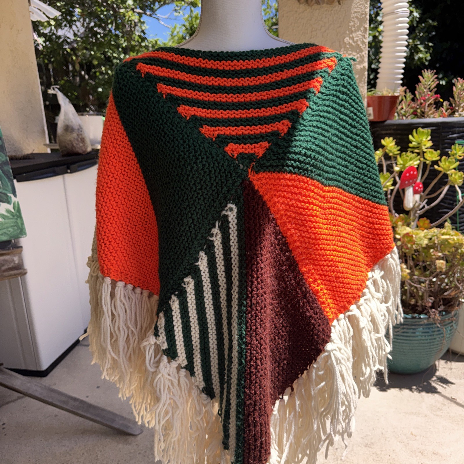 Vintage Poncho Hand Crochet Green Brown Orange Cream w/Fringe 60’s 70’s Boho
