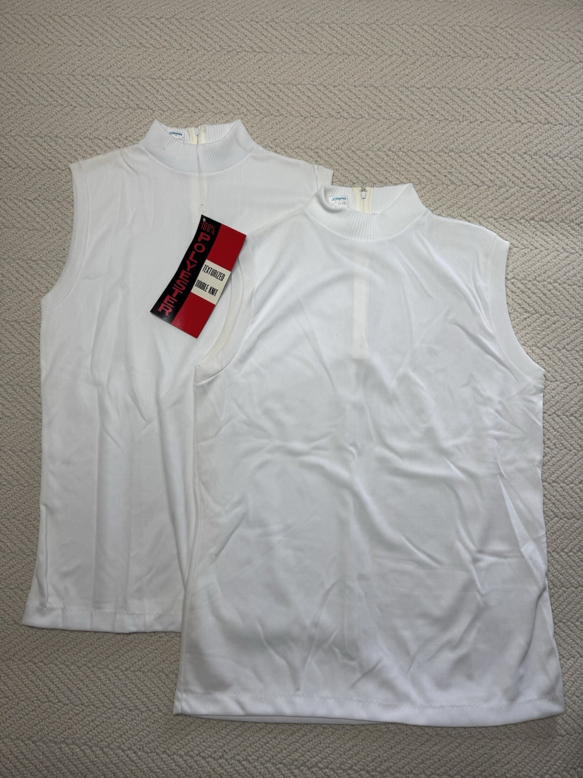 Vintage 70s JCPenney Sleeveless Mock Neck Top Lot 2 NOS White Double Knit