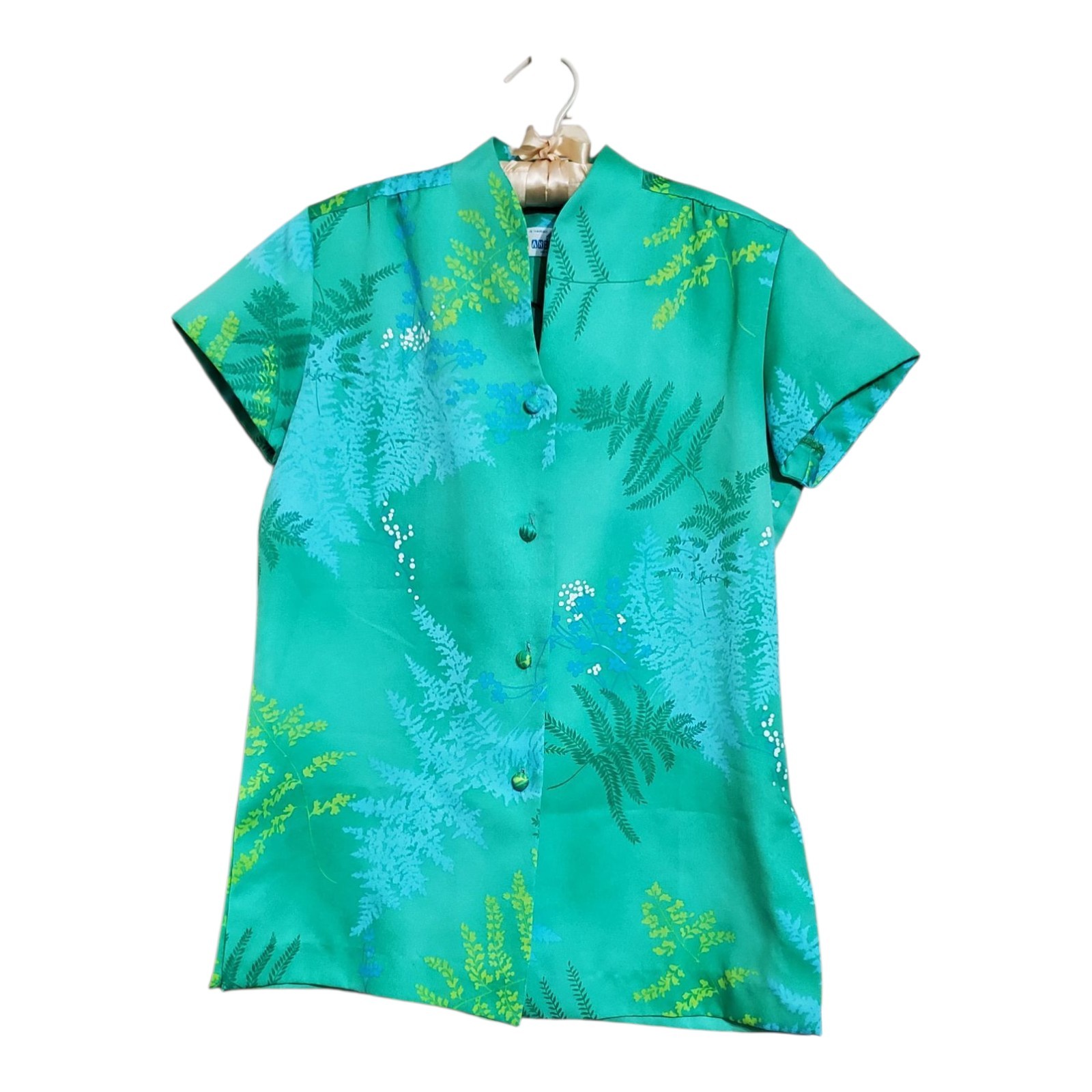 Vtg 60s Hawaiian Blouse Andrade Honolulu Satin Cloth Button Women’s Size 8 Shirt