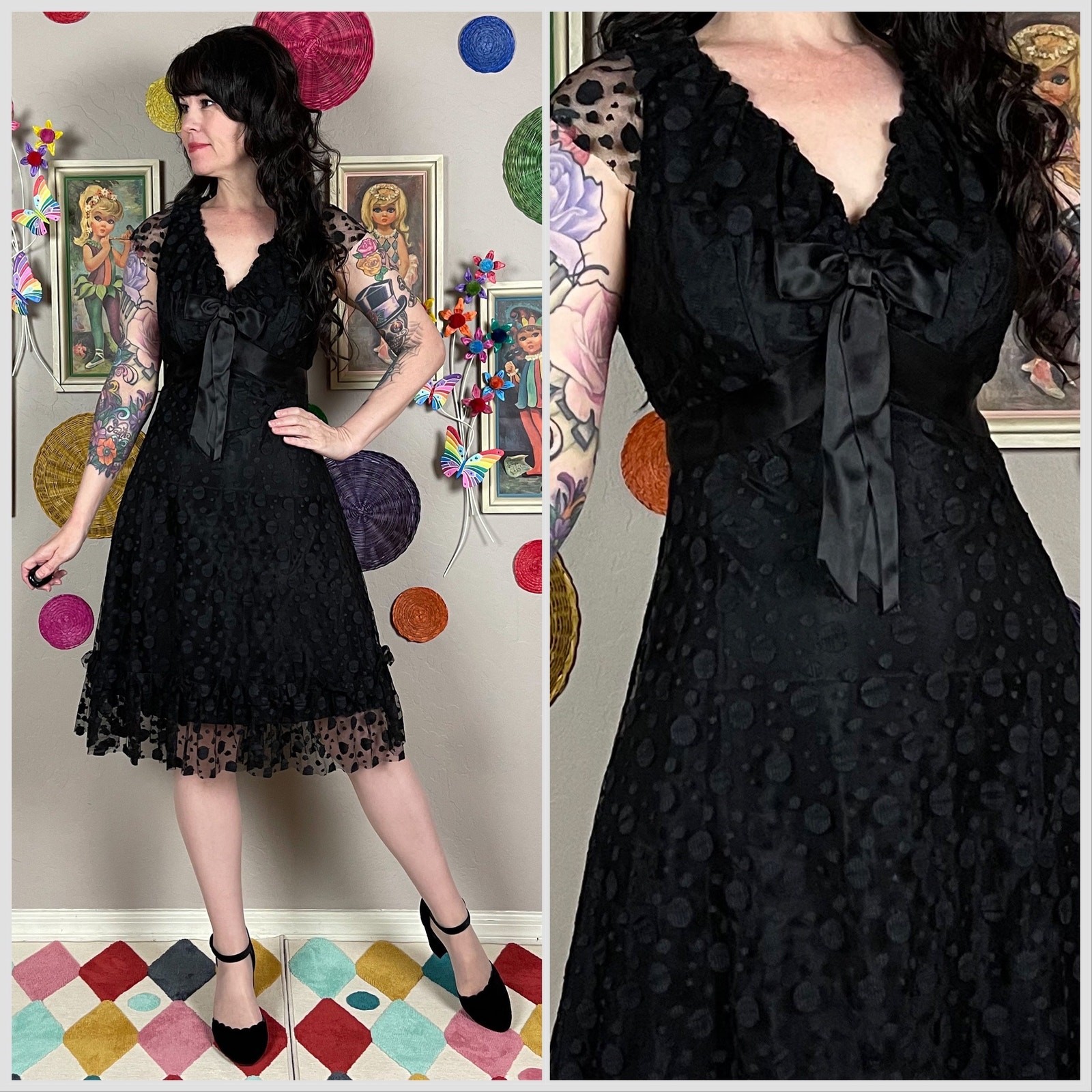 Vintage 1960s Black Polka Dot Tulle Ruffle Sleeveless Cocktail Dress | 27″ Waist