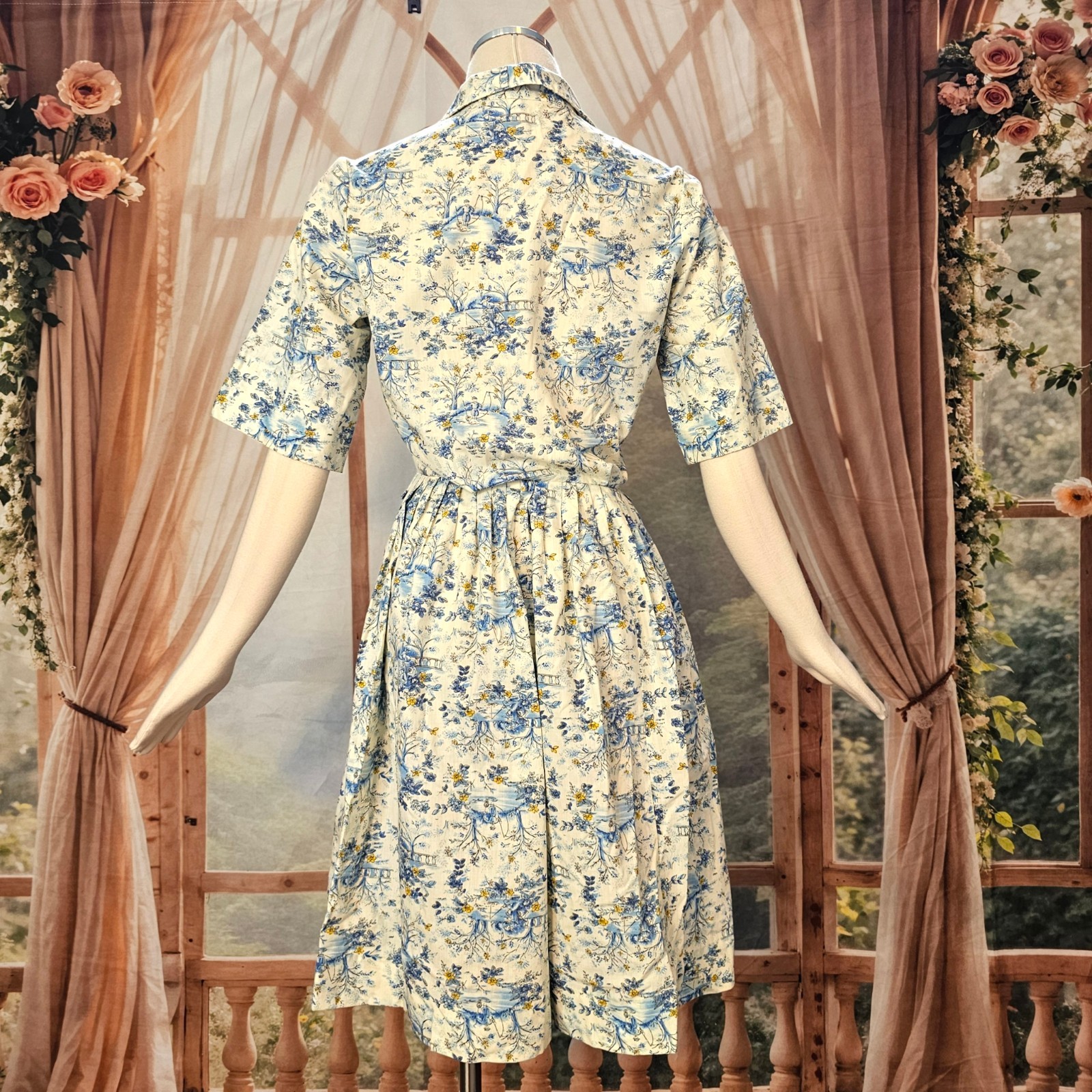 Vintage 1950s Fit and Flare Dress Swing Shirtwaist Novelty Print Blue Yellow