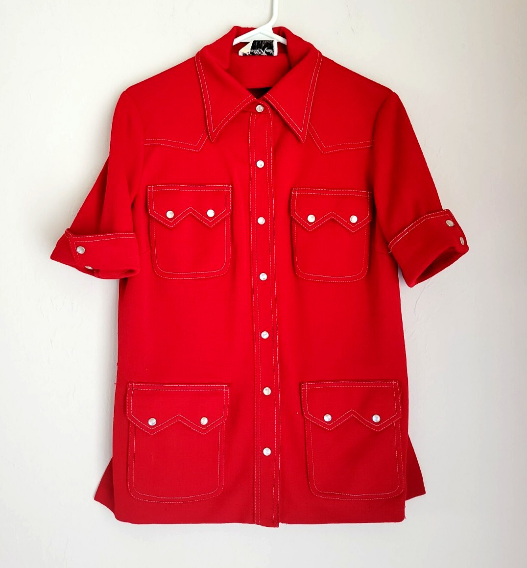 Vintage Butte Knit jacket shirt western 70s snap short sleeve red textured sz M
