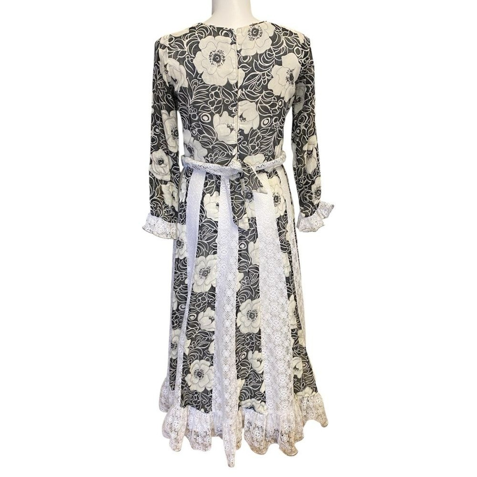 Hovland Swanson Vintage Maxi Dress Black White Floral Lace Prairie Womens M