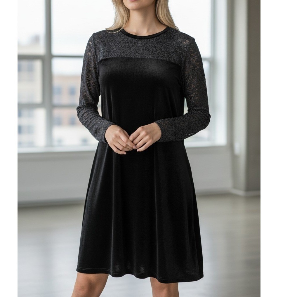 Jacqueline Ferrar Vintage Black Velvet Shift Dress Womens 10 Long Sleeve Witchy