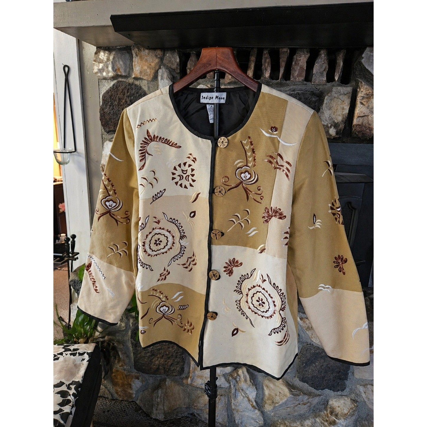 Indigo Moon Boho Embroidered Jacket Large Neutral Art To Wear Button Front