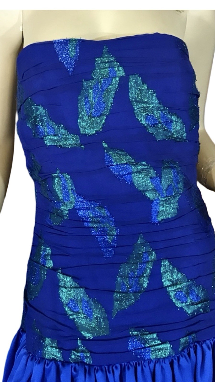 VINTAGE CIRCA 1980’S VICTOR COSTA BLUE & GREEN PEACOCK THEME DRESS & COVER 14