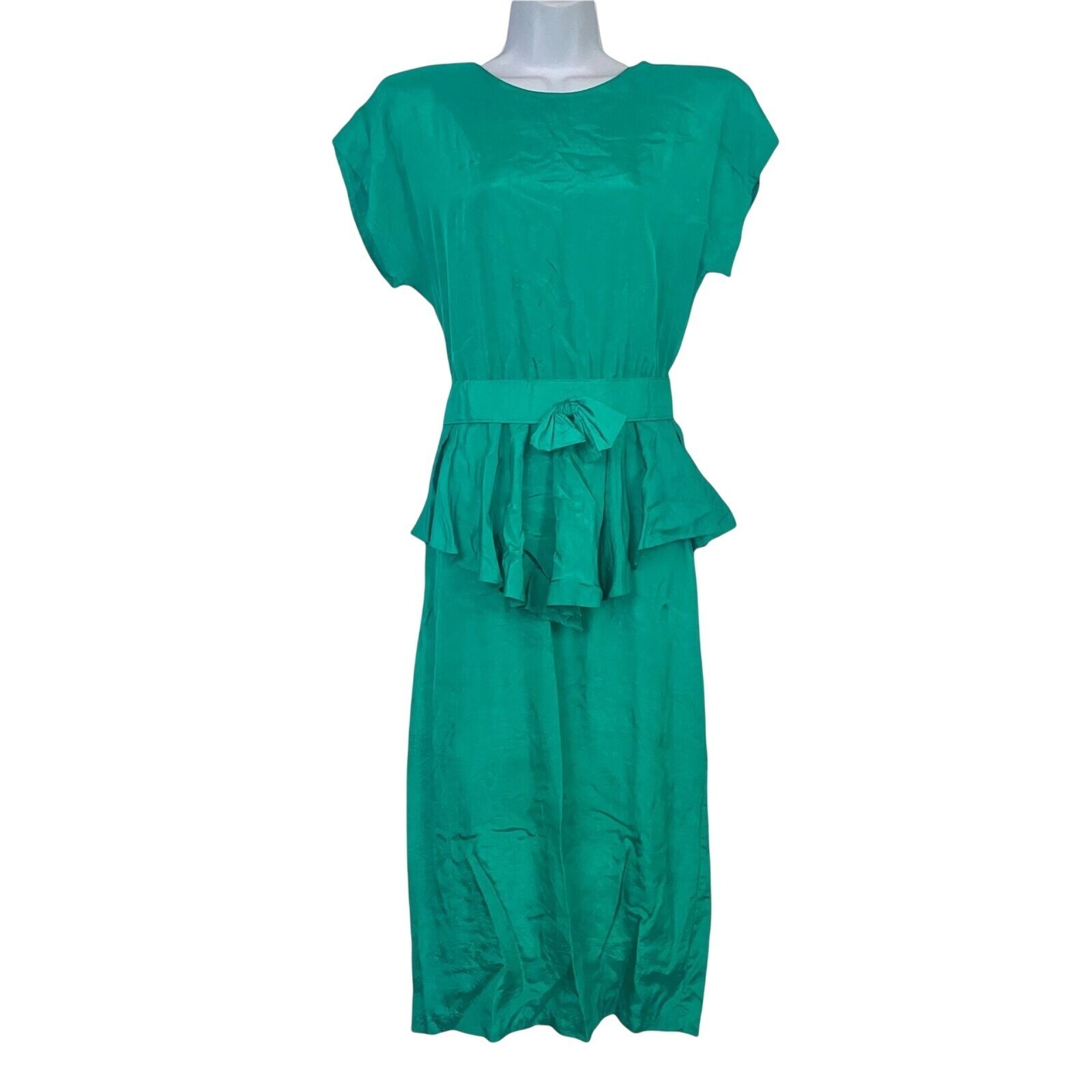 Vintage 80s Brioche Sheath Dress Womens M Green Short Sleeve Peplum