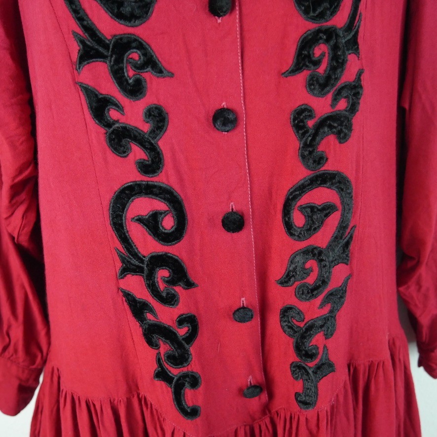 Vintage 90s Corset Back Dress Velvet Victorian Midi Dress Pockets Red Prairie M