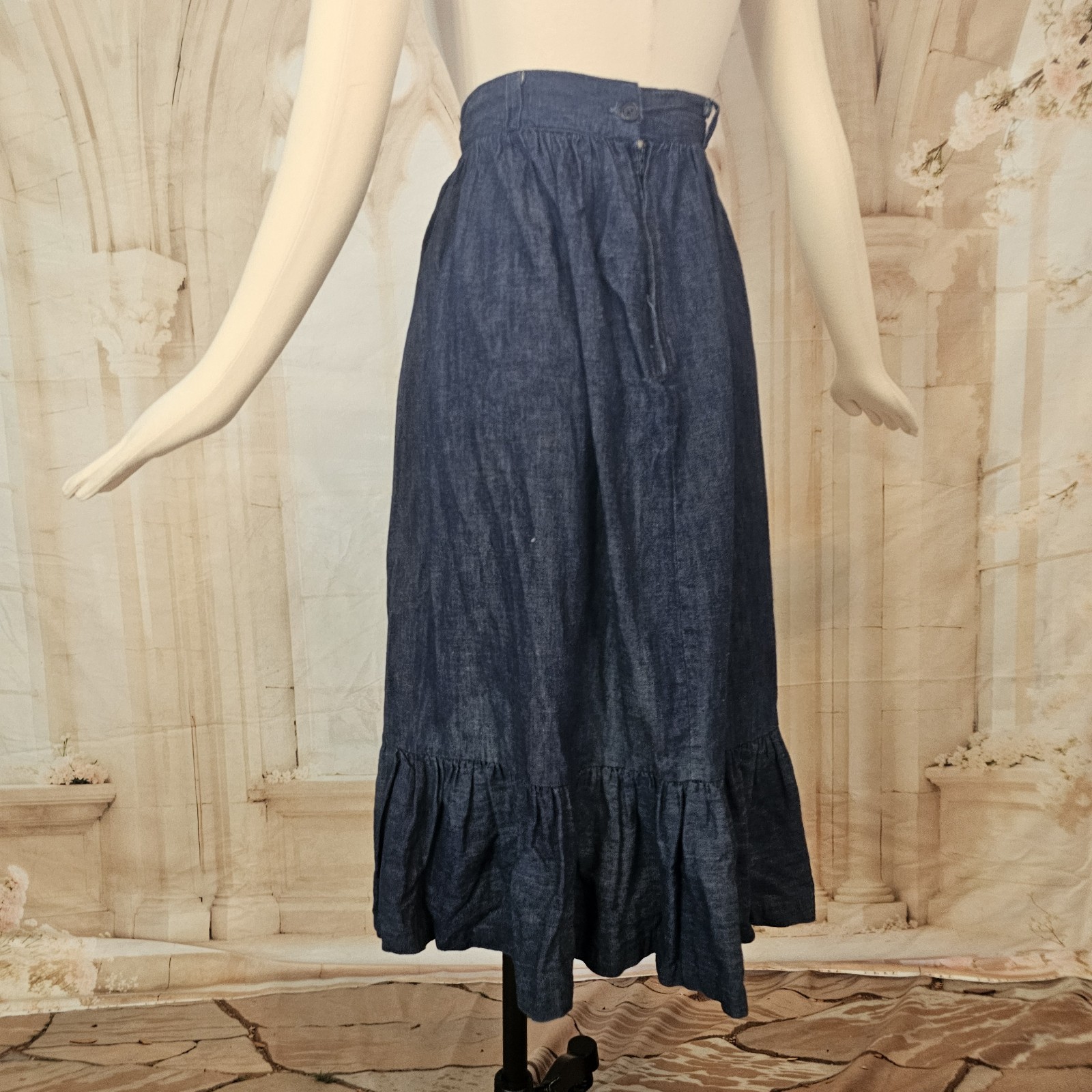 Vintage 1970s Denim Blue Jean Skirt Flowy Swing Ruffled Boho Fairycore Retro