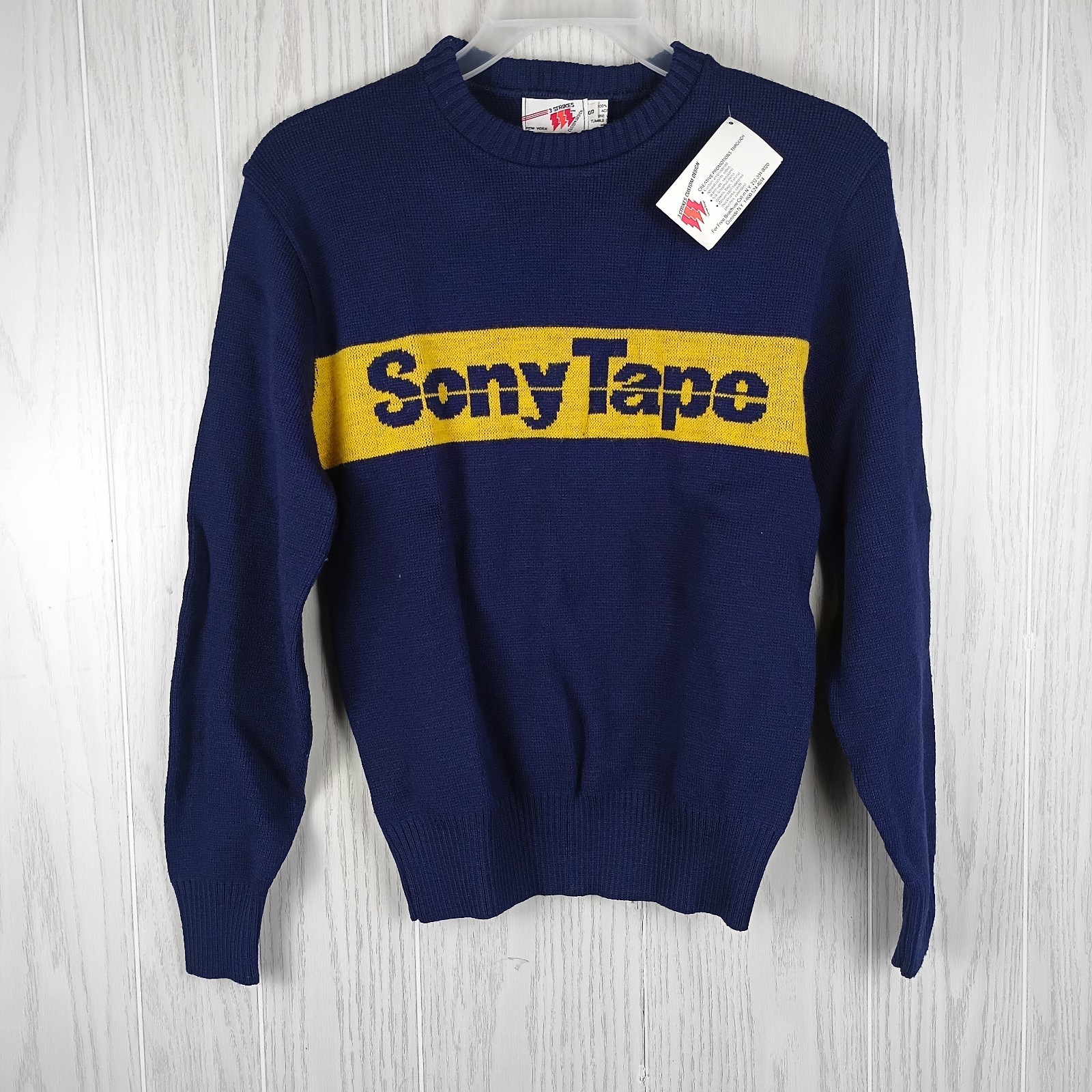 VINTAGE w/tag 1980’s Extremely Rare Navy yellow Sony Tape knitted Sweater Size S