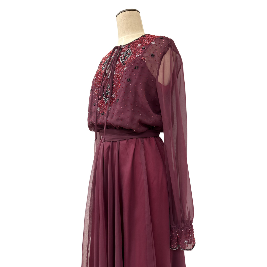Vintage 1970s Jack Bryan Burgundy Chiffon Sheer Beaded Disco Gown