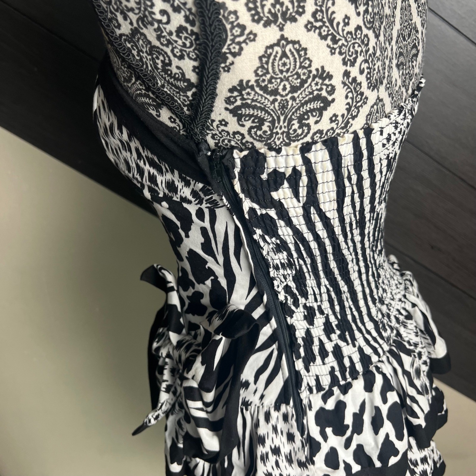 Miss Oops Strapless Animal Print Ruffle Mini Dress 8 Black White VTG Cocktail