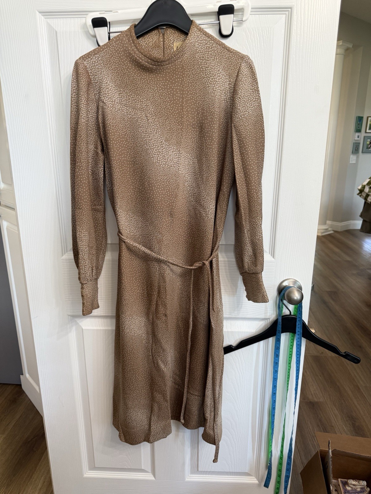 True vintage Leslie Fay knits long sleeve brown white micro polka dot dress M/L