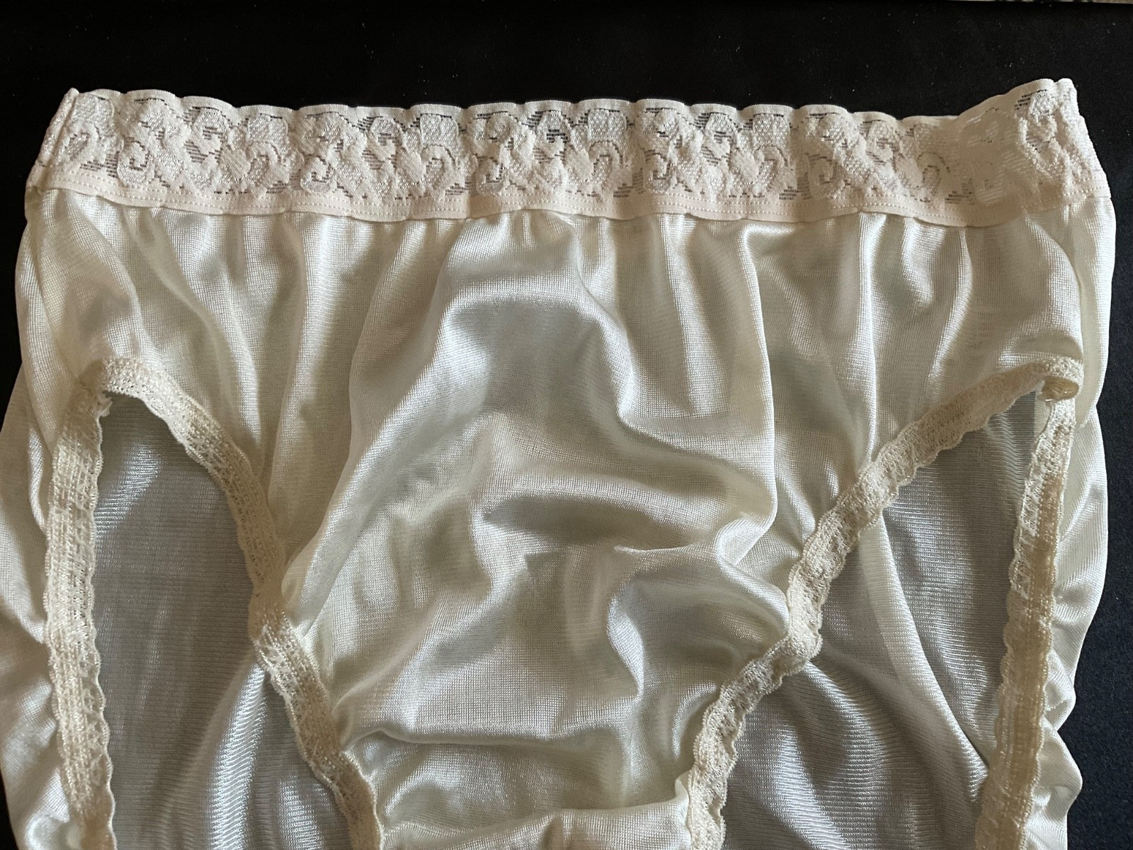 Vintage Hanes Pantie Silky Ivory Nylon Floral Lace Hi-Cut Bikini Panties Sz. 8