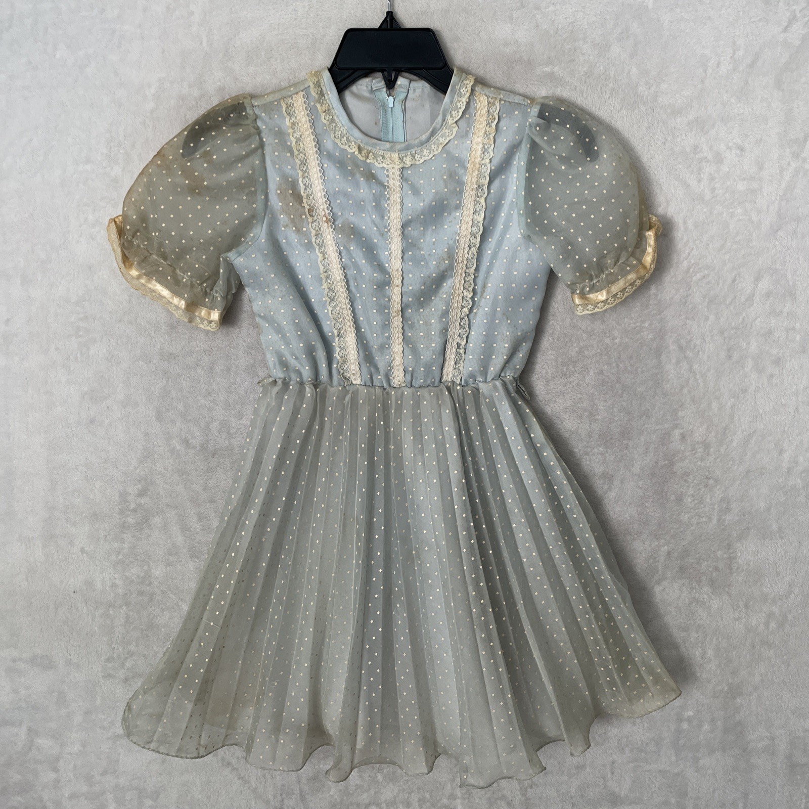 Antique 1940s Woman’s Nylon Dress Blue Dot 2XS Short Sleeve Back Zip