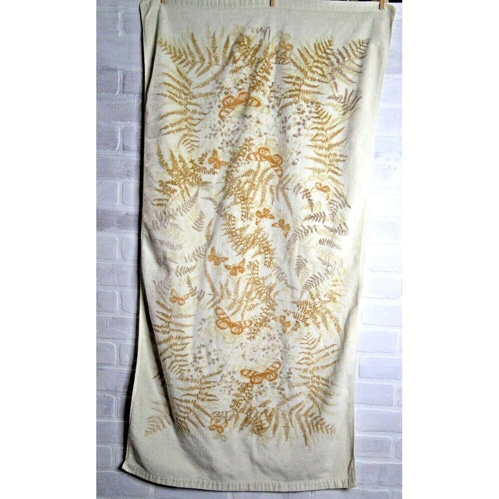 Vintage VERA Neumann Bath Towel Burlington Fern Butterfly Gold,