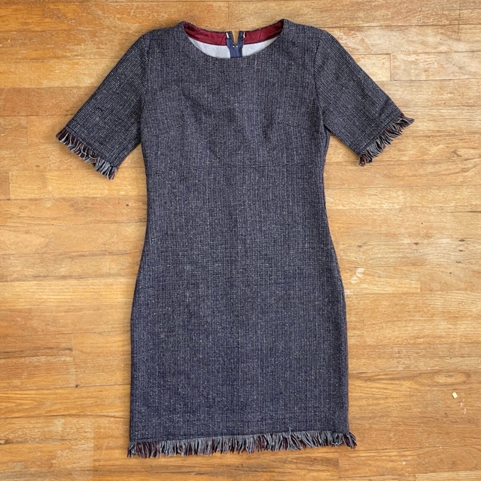 Vintage Handmade Acrylic/Wool Tweed Dress Size XS 1970s Woven Fringe Trim Sheath