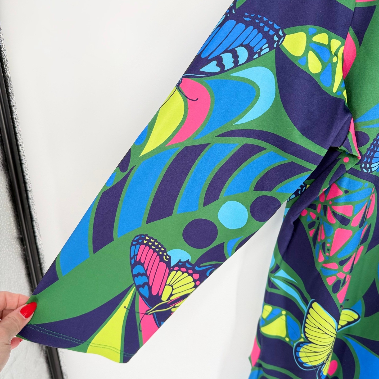 Lesley Evers Butterfly Print Shift Dress Women’s 2X Green Neon Psychedelic Retro