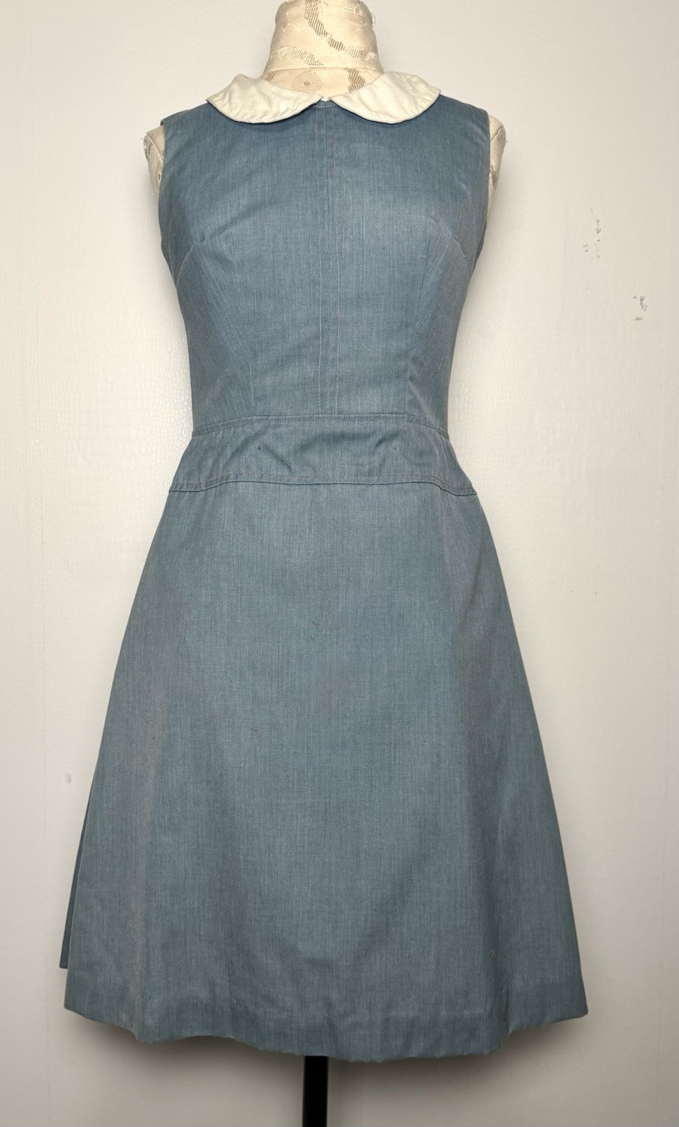 Vtg 1960s Peter Pan Collar Day Dress Blue Chambray Look Union Made XS