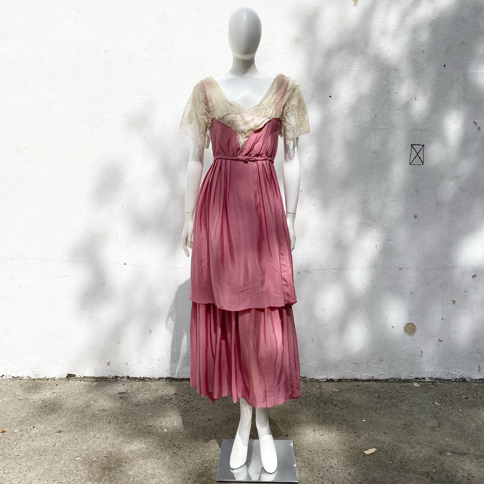 Antique Edwardian Romantic Pink Silk & Lace Layered Dress Vintage Gown S