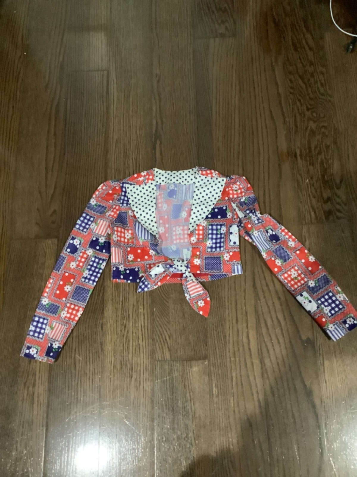 vintage 1970s red white n blue patchwork boho sexy open blouse hippie XXS