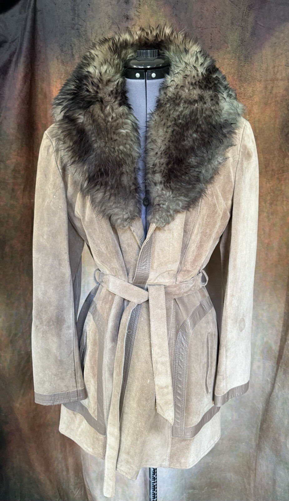Sz L Vintage 70s Shearling Lamb Fur Trim Suede Leather Penny Lane Belted Jacket