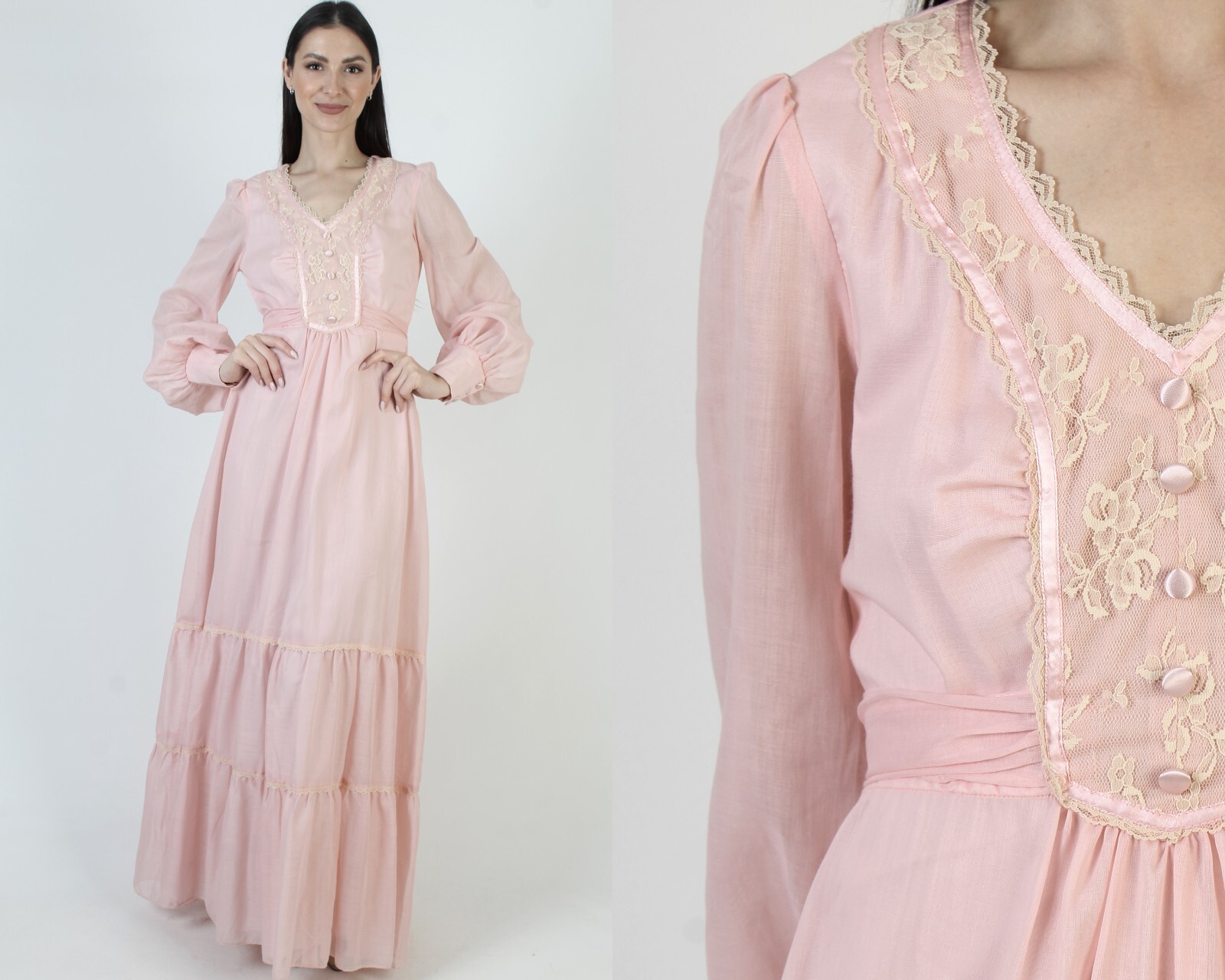 Vintage Candi Jones California Dress Pink Barbiecore Prairie Victorian Maxi Gown