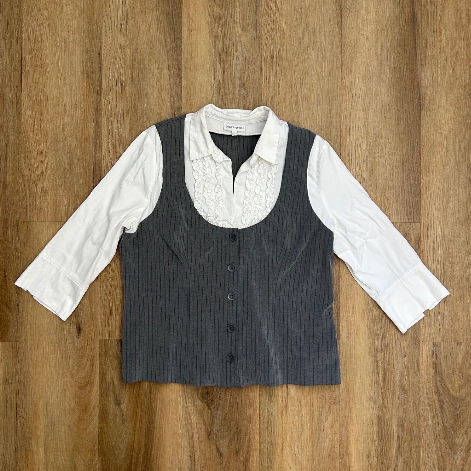 Vintage Grey Pinstripe Layered Vest Shirt Top Office Siren Large preppy y2k