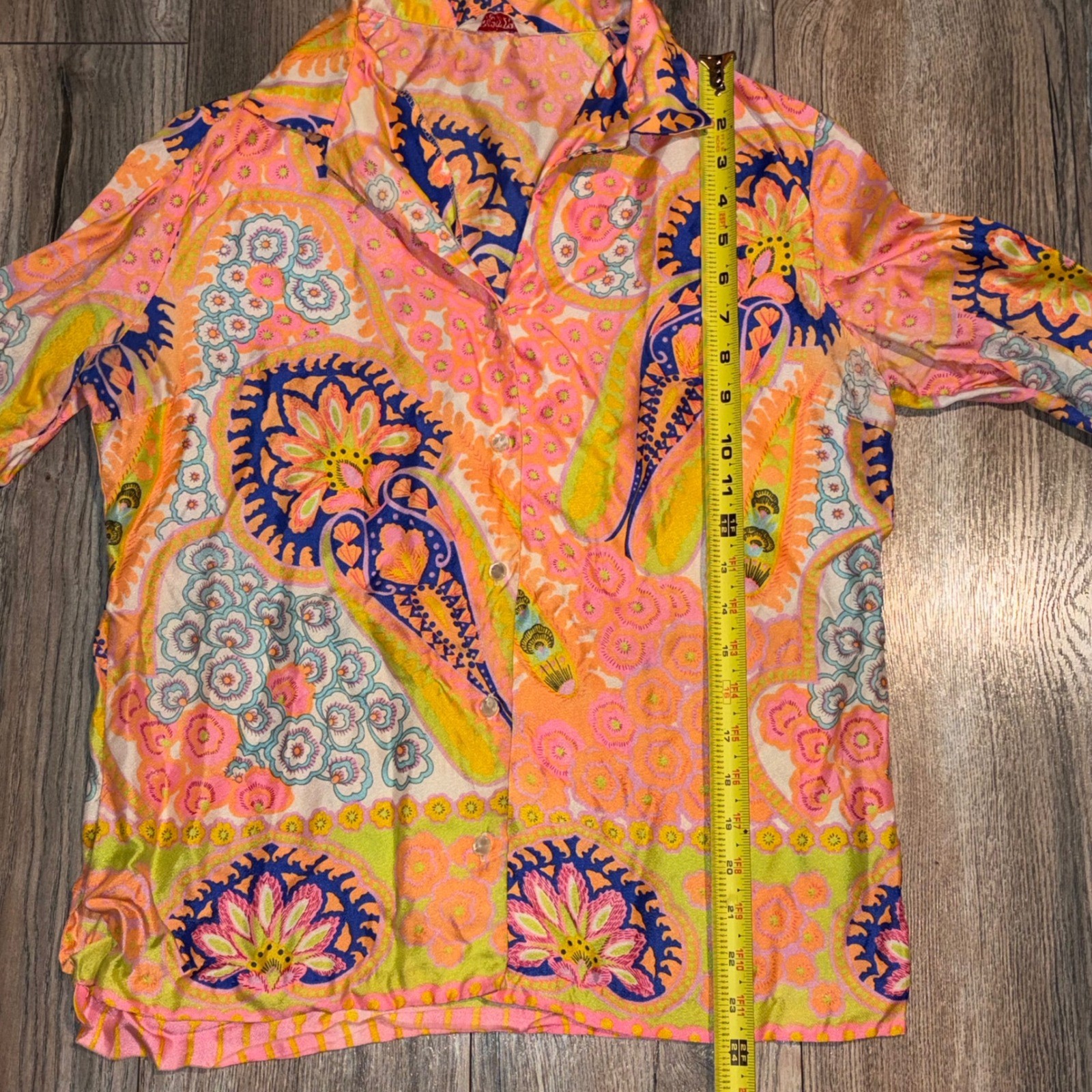 Vintage 70s Pykettes Womens Psychedelic Paisley Floral Button Down Blouse Pink