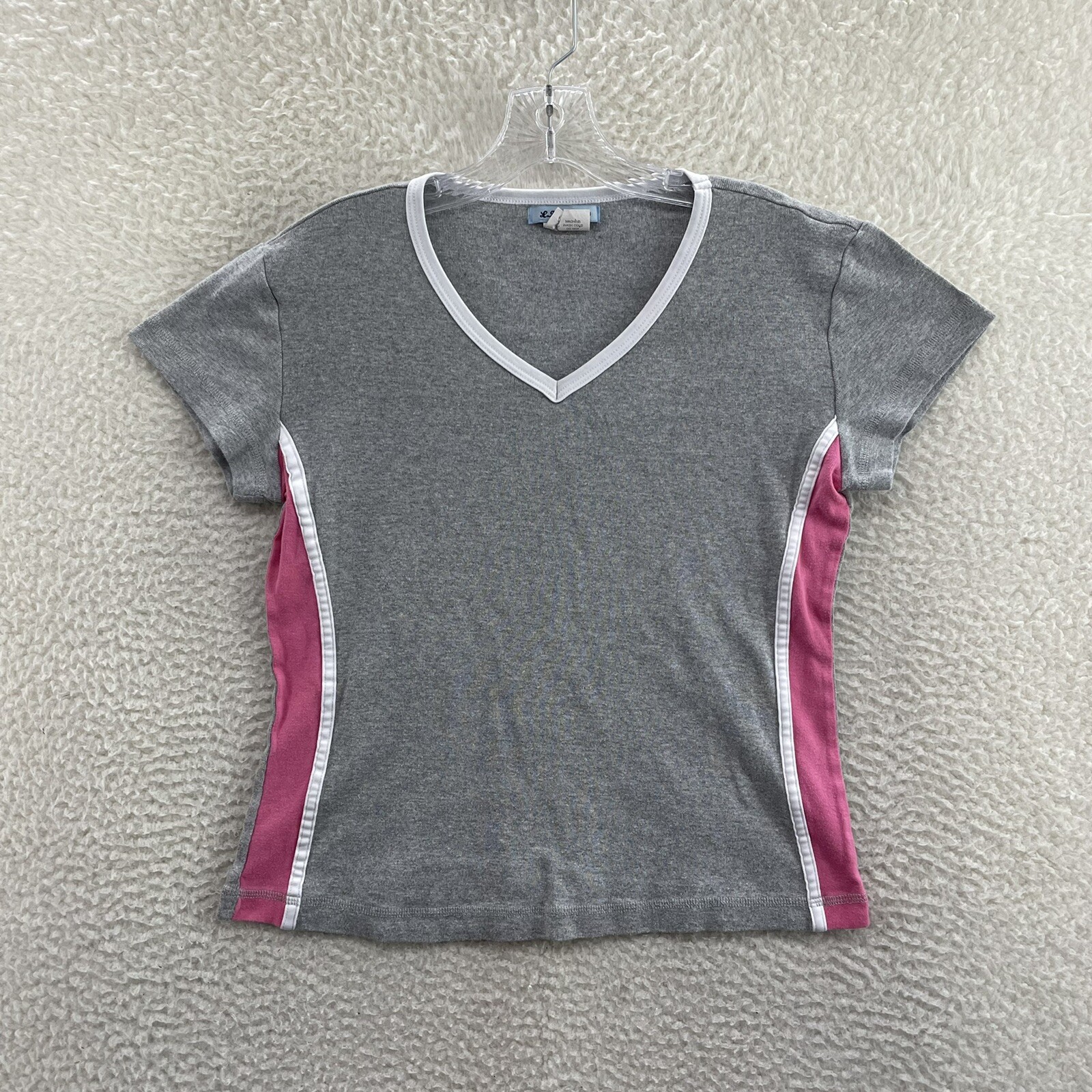 Y2K Vintage Crop Top Baby Tee XL Grey Pink Sporty Preppy Fairy Grunge Coquette