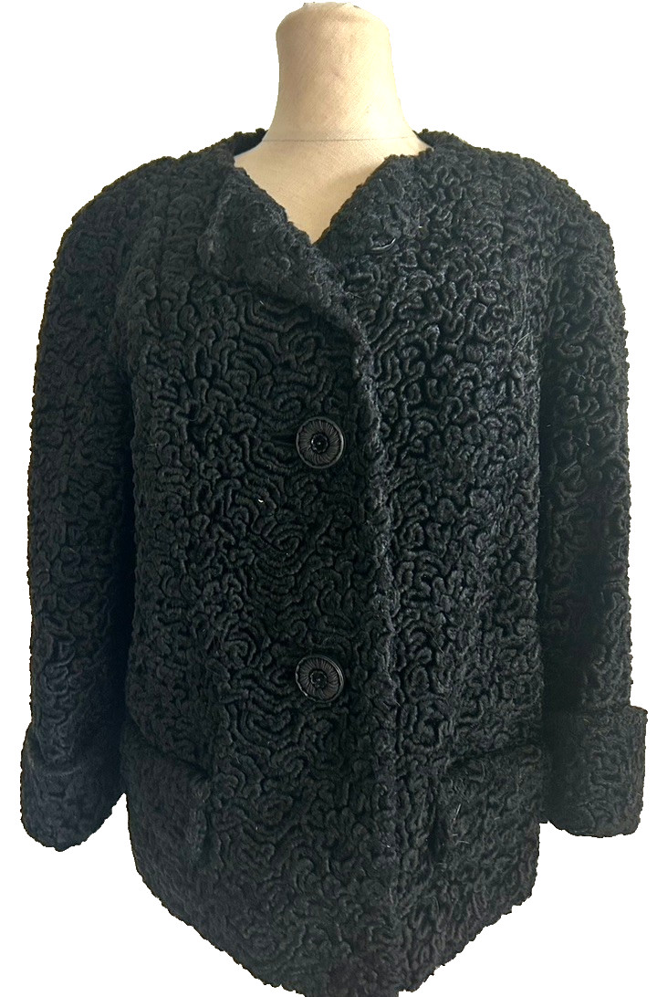 Vintage 1950s Astrakin Lepshire France Curly Black Persian Lamb Coat 3/4 Sleeves