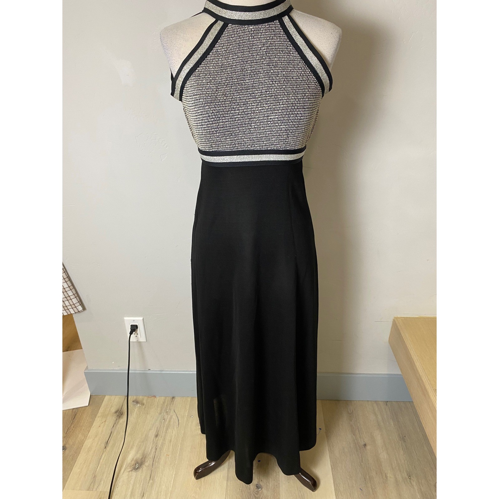 Vintage 70’s Silver Metallic Knit Halter Maxi Dress Black Formal Gown XS