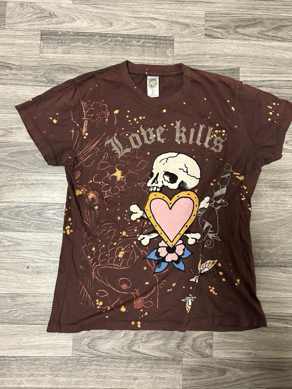 Brown Vintage Edhardy love Kills Woman’s Shirt Size Large 100% Cotton