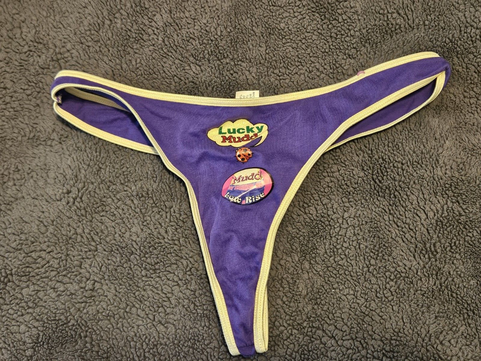 MUDD Women’s Low Rise Lucky Mudd Logo Thong Panties Large Purple NWT