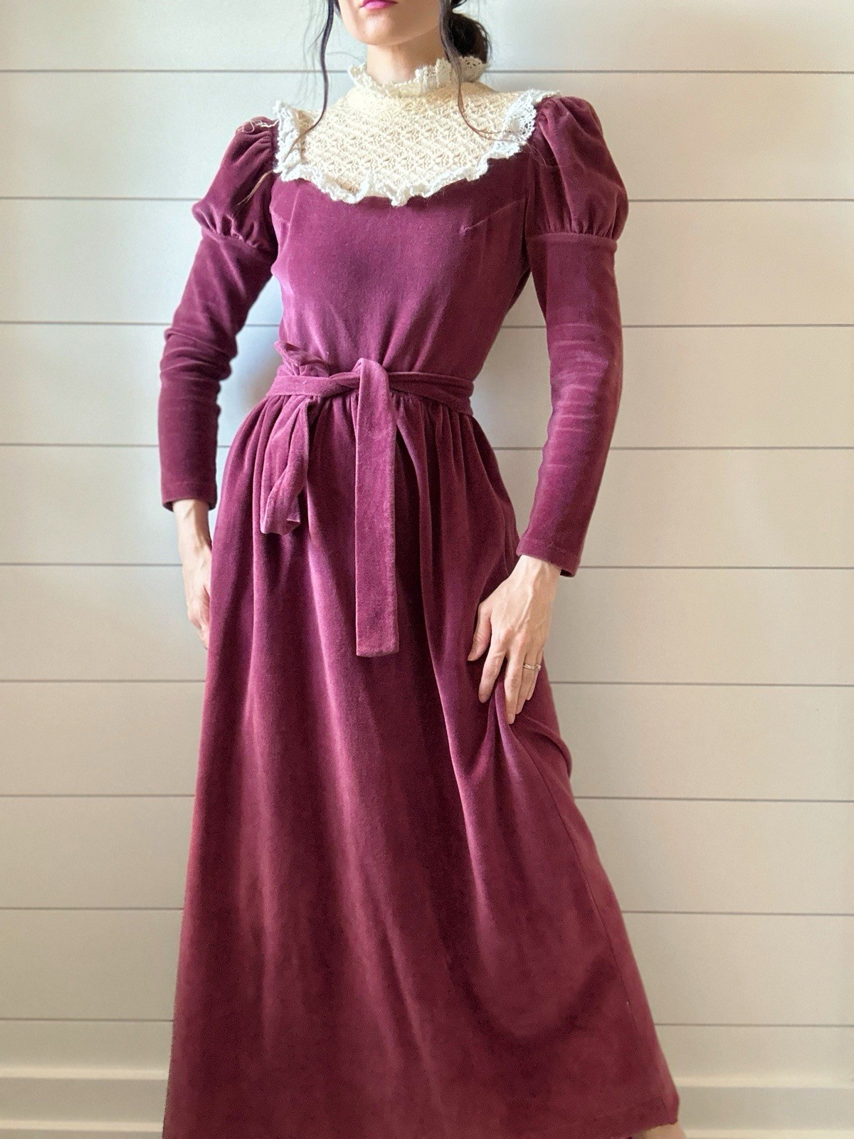 Lanz Of Salzburg Dress Vintage Victorian Velour 1970s Crochet Ivory Plush