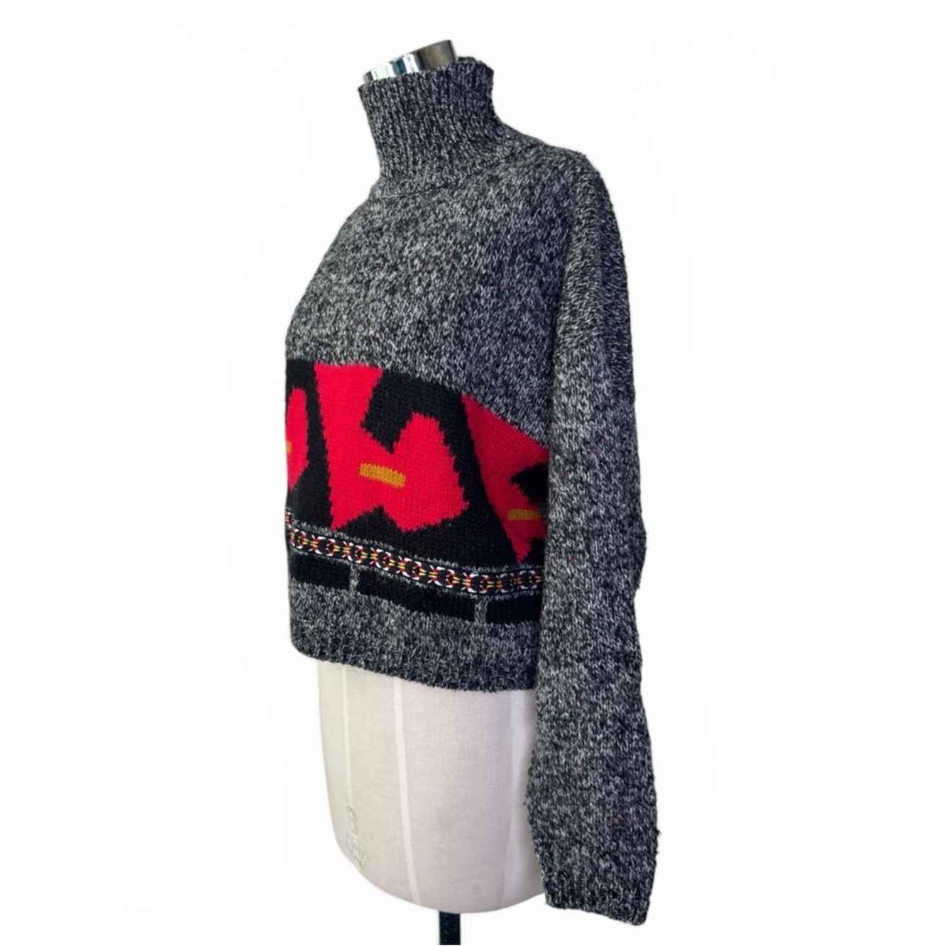Vintage Black, Gray and Red Geometric Abstract Turtleneck Wool Sweater M