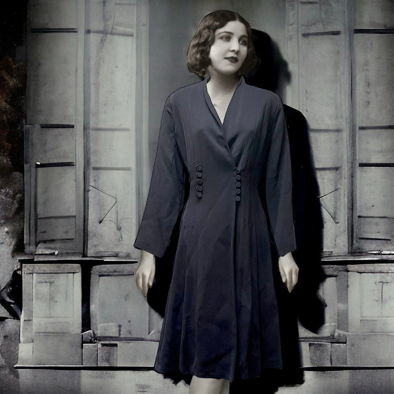 Vintage 1930s-1940s Dark Blue Wool Princess Double Breasted Coat Original WWII