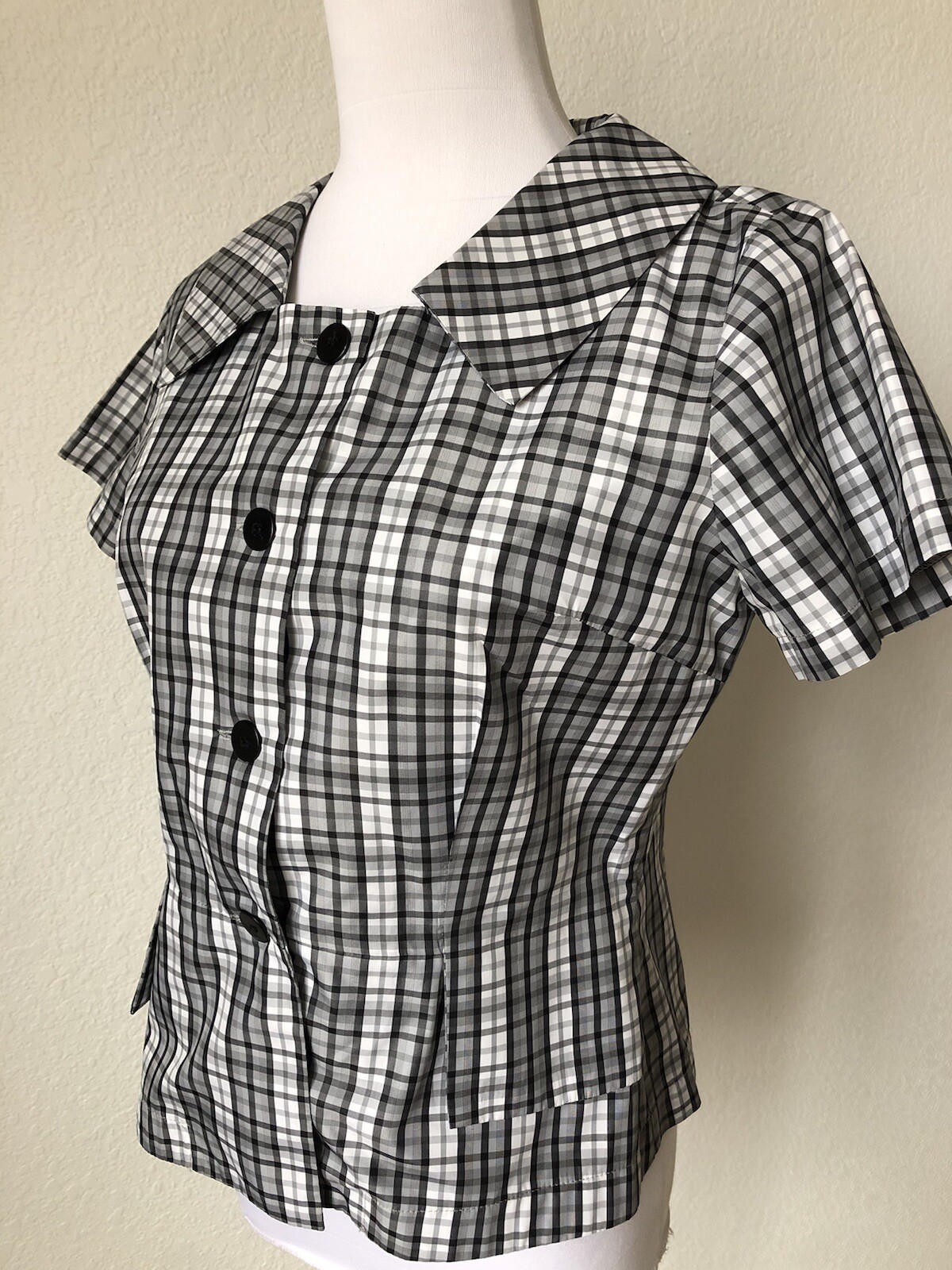 Vintage 50s Top Shirt Blouse Sz 40 VERILDA Secretary Geek Gray Check Buttoned