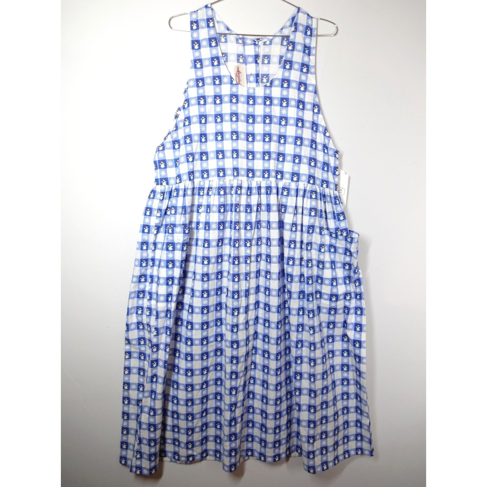 VTG Storybook Heirlooms Snowman Gingham Dress Womens Large Blue Holiday Kitschy