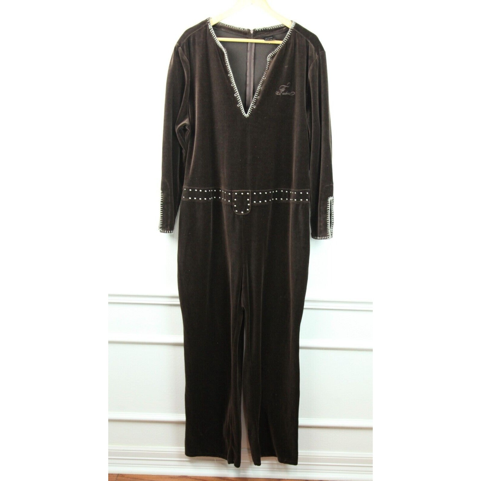 Vintage Y2K Brown Velour FUBU Jumpsuit One piece Plus Size 3X Bodycon Hip Hop