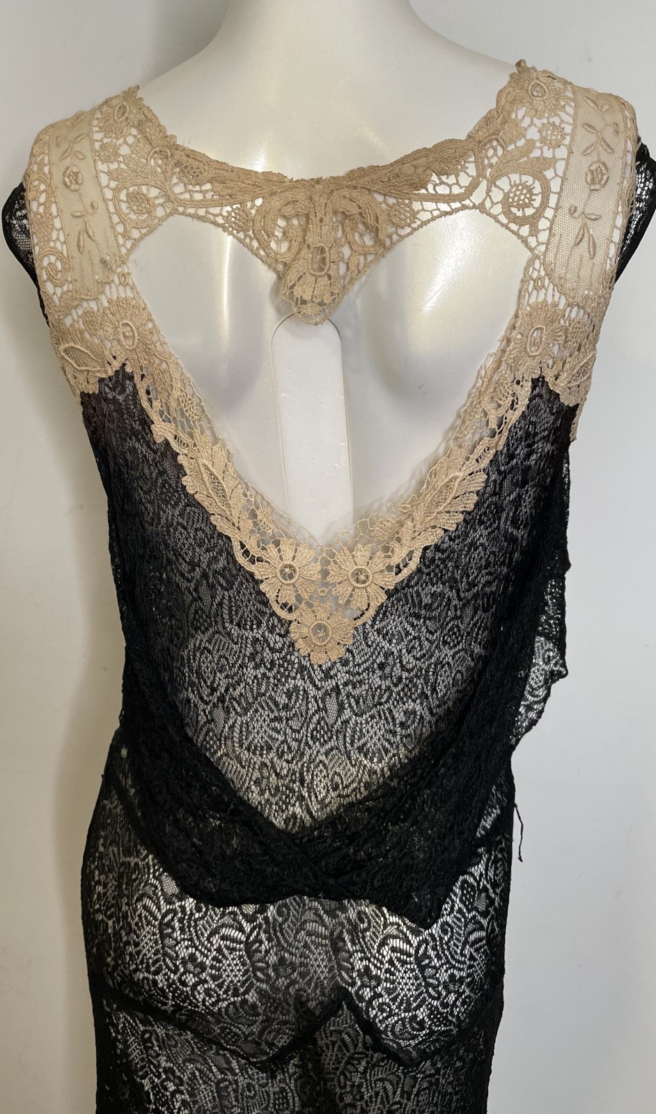 Antique 20s 30s Black Lace Art Deco Dress S M 3-in-1 Sleeveless Midi Fitted