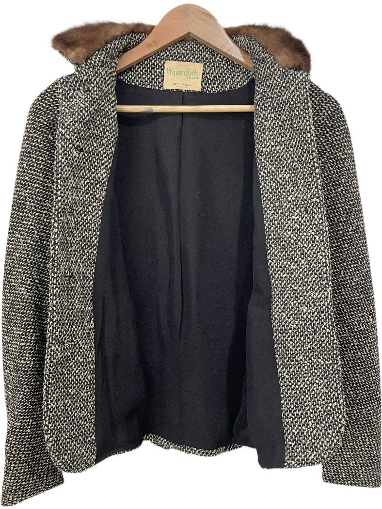1950s Vintage Wyandotte Wool Tweed Jacket Women’s L Real Fur Collar Mid Century