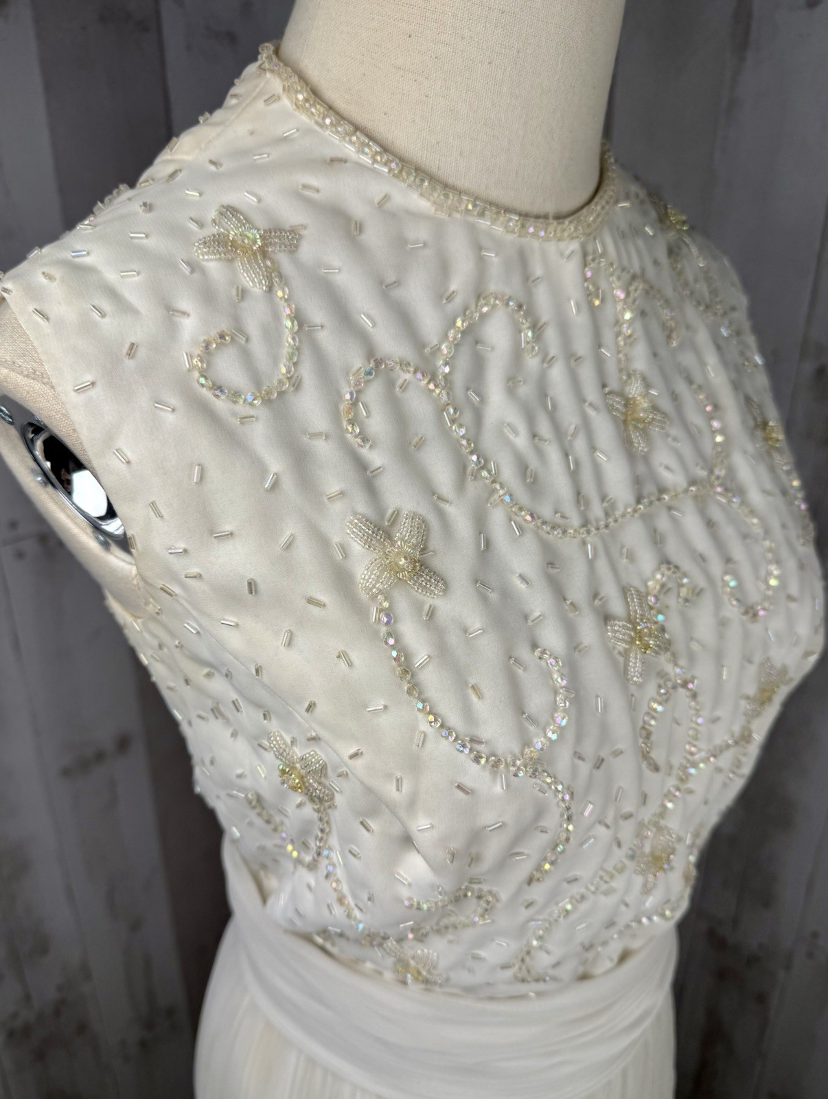 Vintage 1960s DRESS White Jack Bryan Beaded Evening Cocktail Party Gown S/M