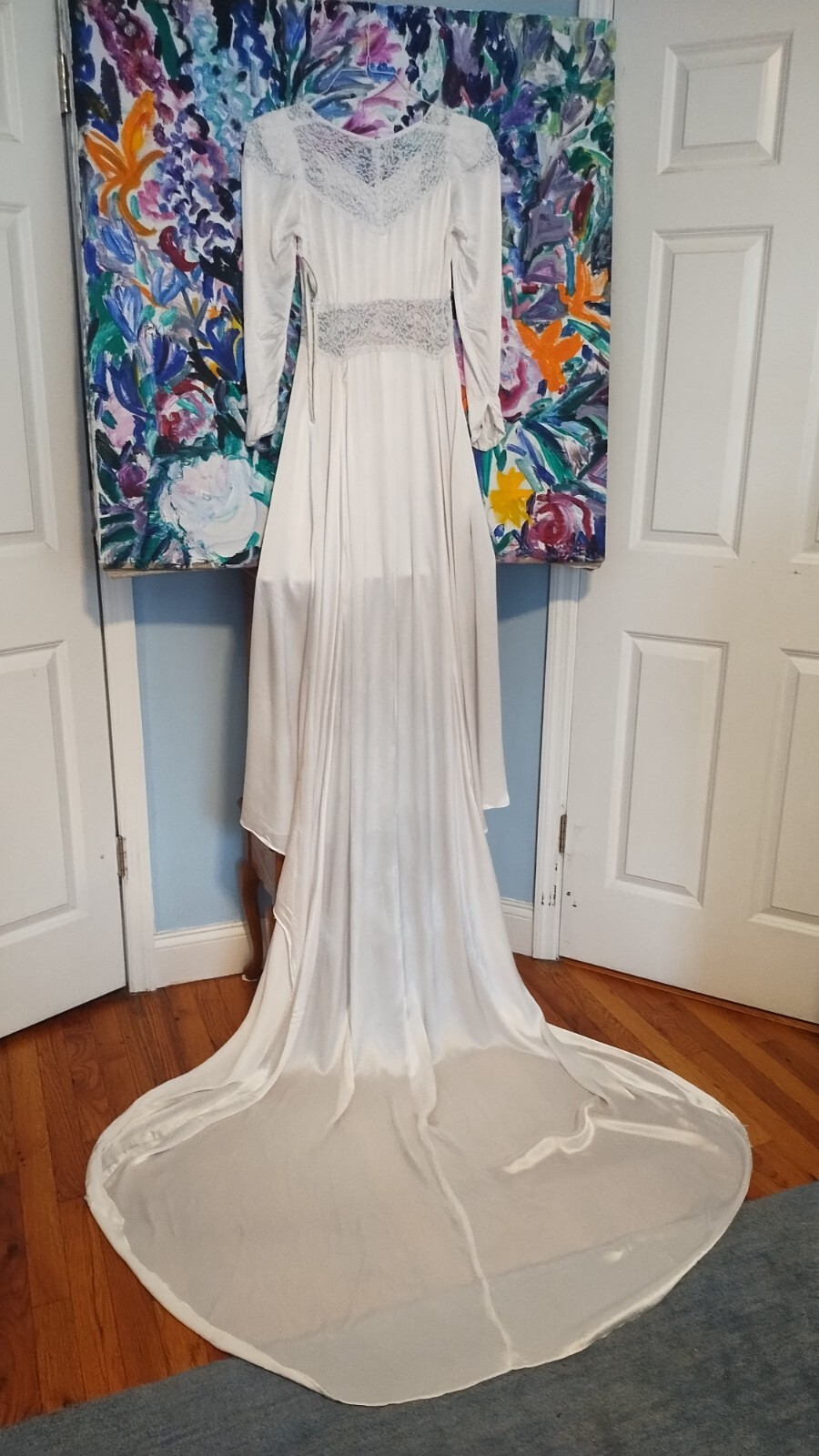Vintage late 30’s early 40’s white liquid satin wedding gown/train, XS S US 4/6