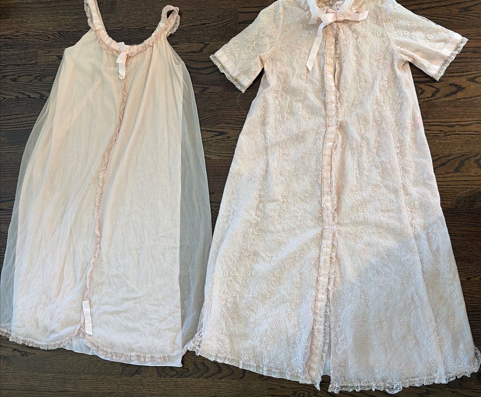 Vtg Odette Barsa Peignoir Robe And Gown Pink Lace Victorian Ruffle Two Piece