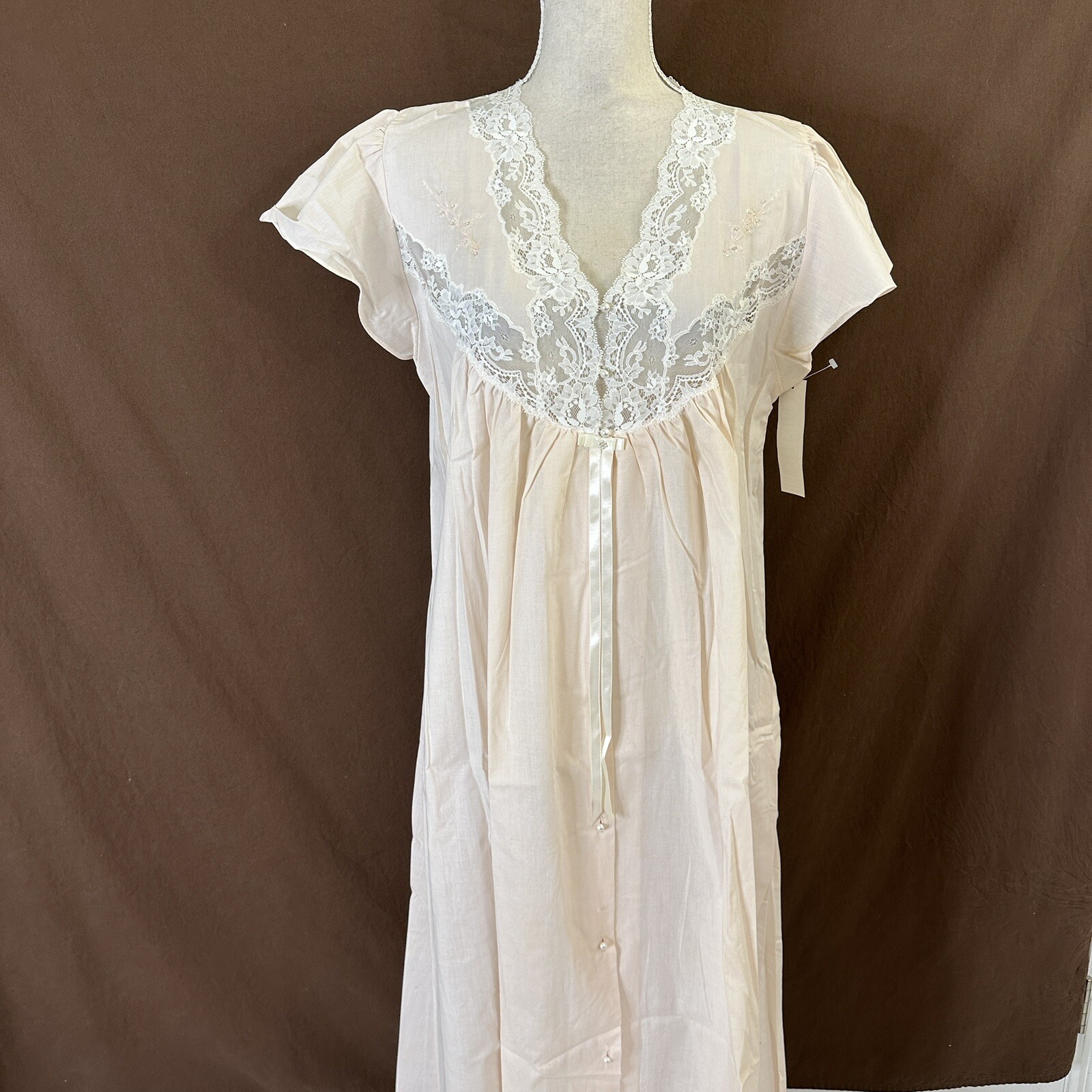Vtg 80’s Lindsey Blake Cotton Blend Pink Puff Sleeve Lace Victorian Nightgown L